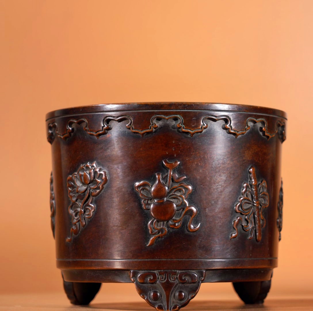 Eight Treasures Incense Burner with Relief Design in Purple Copper (1 of 9)