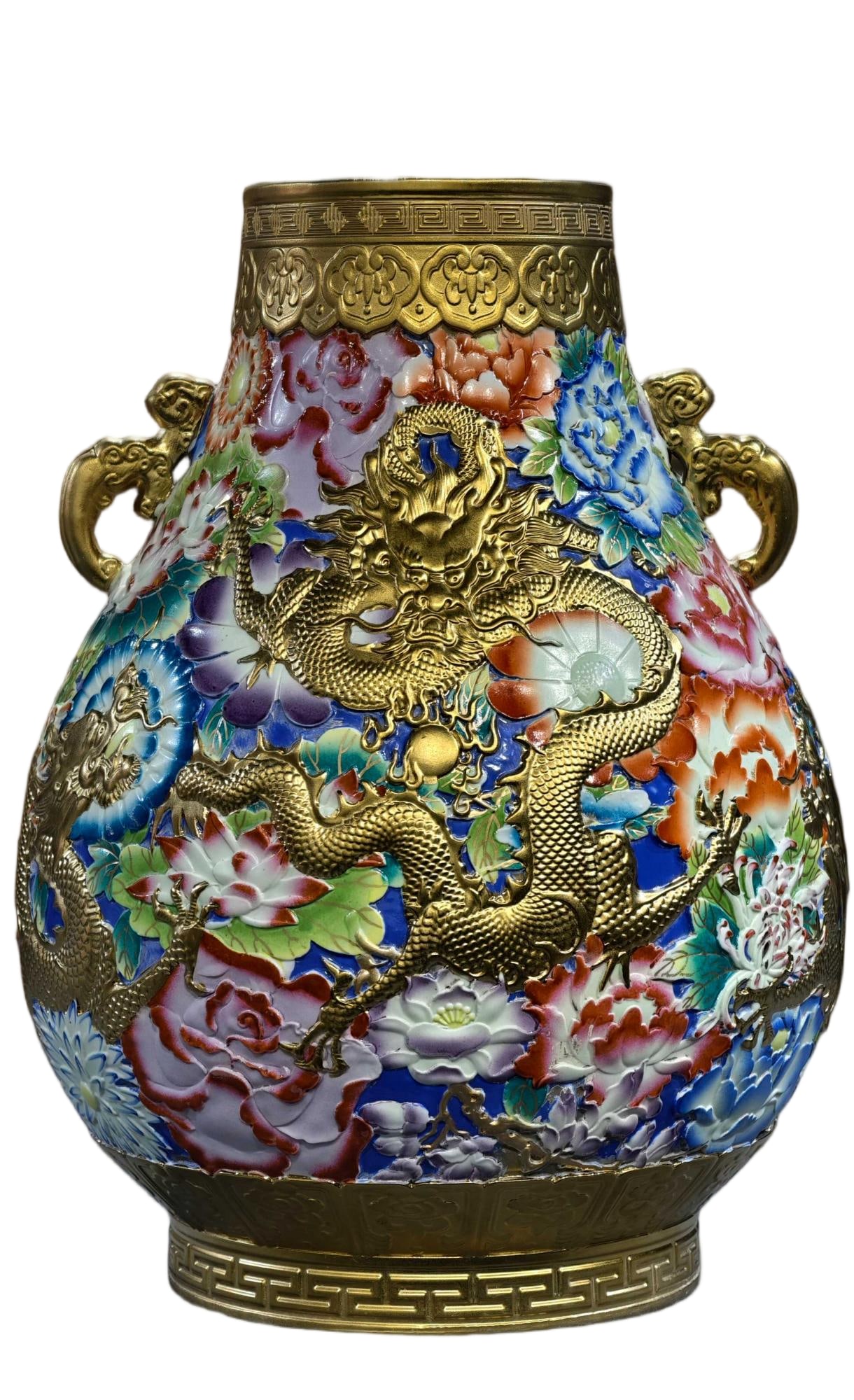 Famille Rose Gilt Relief Porcelain Nine Dragons and Floral Vase: Qing Dynasty Qianlong period famille rose porcelain vase with gilt relief carving of nine dragons and flowers, bearing the mark of a former collector. It is purely hand-carved, exquisitely crafted, an