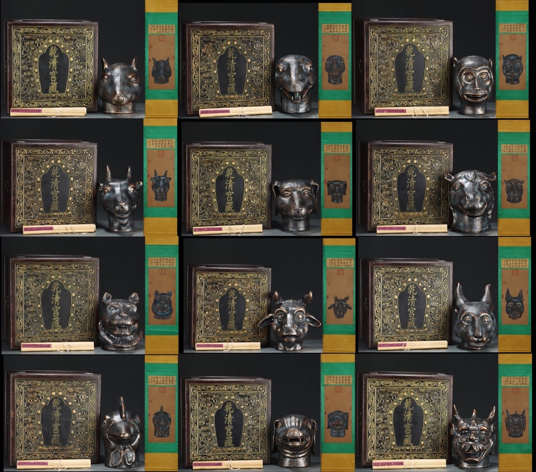 A set of twelve bronze-glazed animal heads made during the Qianlong period of the Qing Dynasty: set of twelve bronze-glazed animal heads representing the Chinese zodiac, made during the Qianlong period of the Qing Dynasty. The painting is by Lang Shining (Lang Shining), a fine silk scroll. The