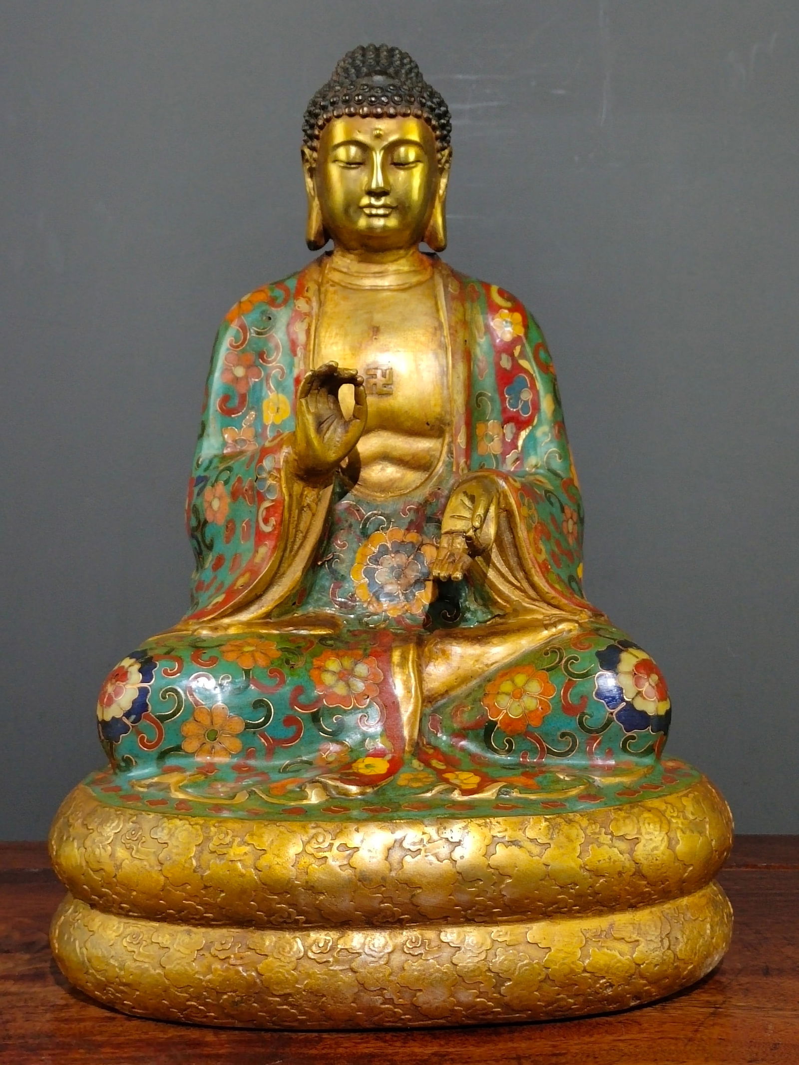 A pure copper cloisonne Buddha statue from an old collection. (1 of 9)