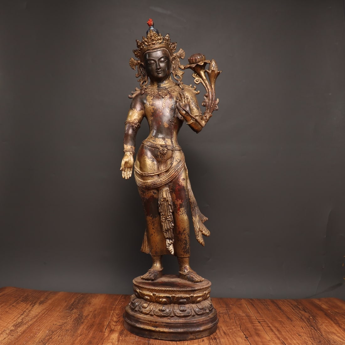 Rare pure copper gilded cinnabar Buddha statue, full-length standing Guanyin Bodhisattva statue (1 of 9)