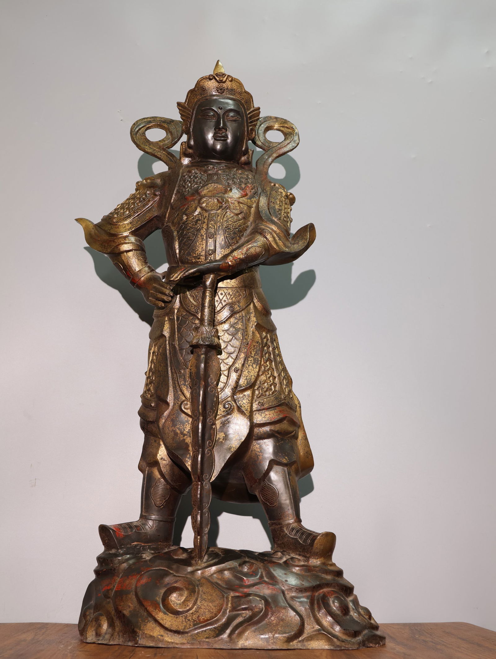 Rare pure copper gilded cinnabar Buddha statue with guardian deity Weituo (1 of 9)