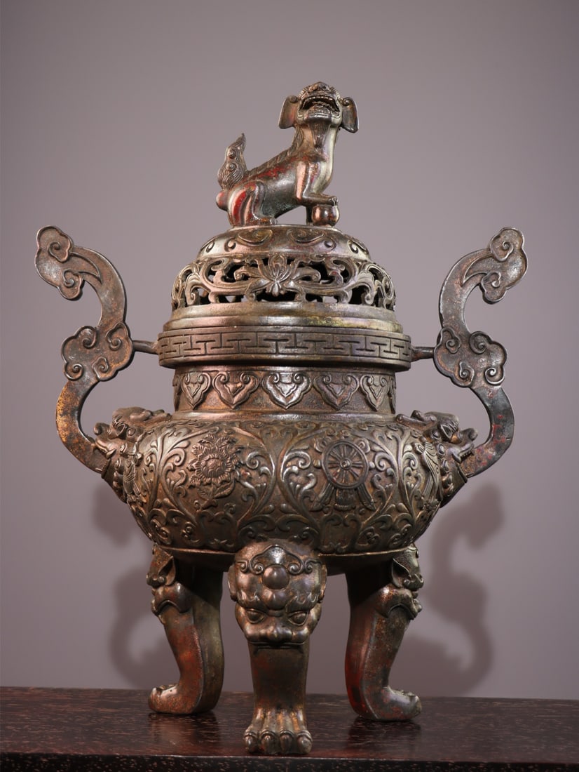 Rare pure copper gilded incense burner with three legs, ruyi-shaped handles, and a lion-shaped lid. (1 of 9)