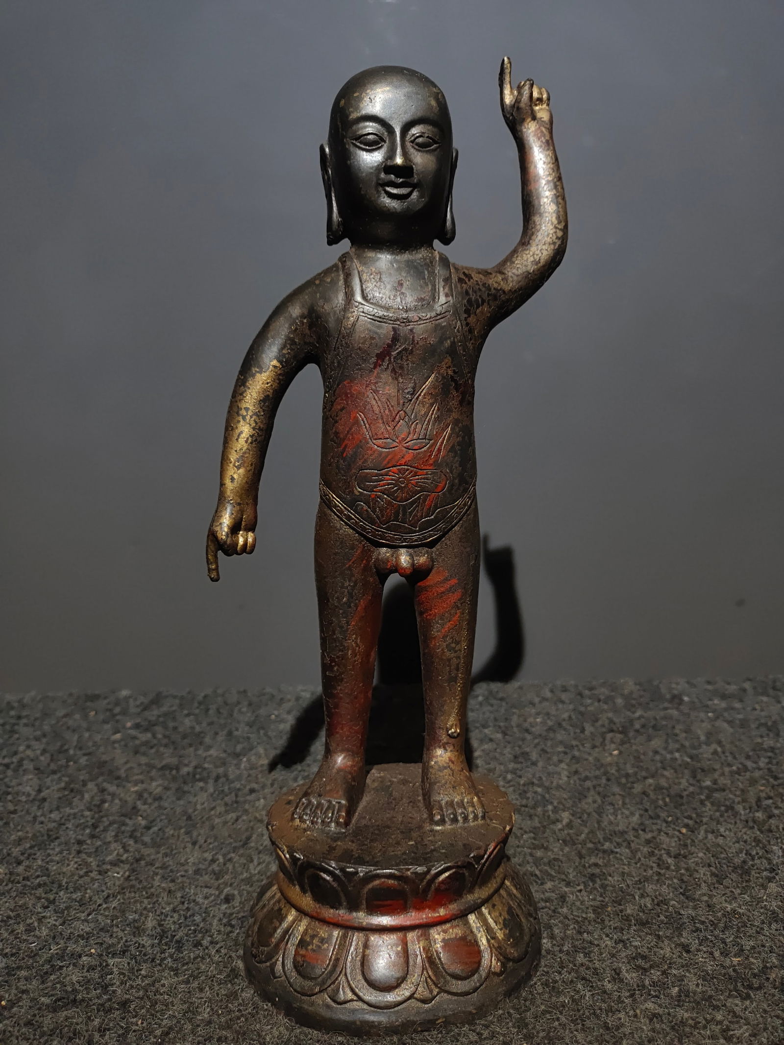 Rare pure copper gilded cinnabar birth Buddha statue (1 of 9)