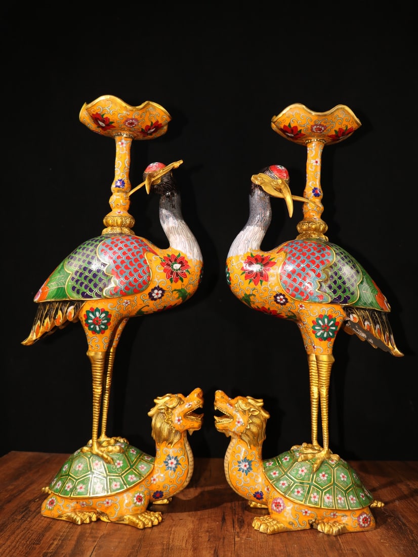 Old Collection of Pure Copper Cloisonne Tortoise and Crane Couple Candlestick Ornament (1 of 9)