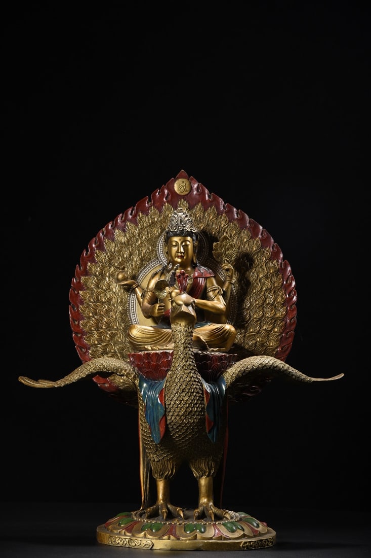 Large-sized pure copper painted Peacock King statue (1 of 9)