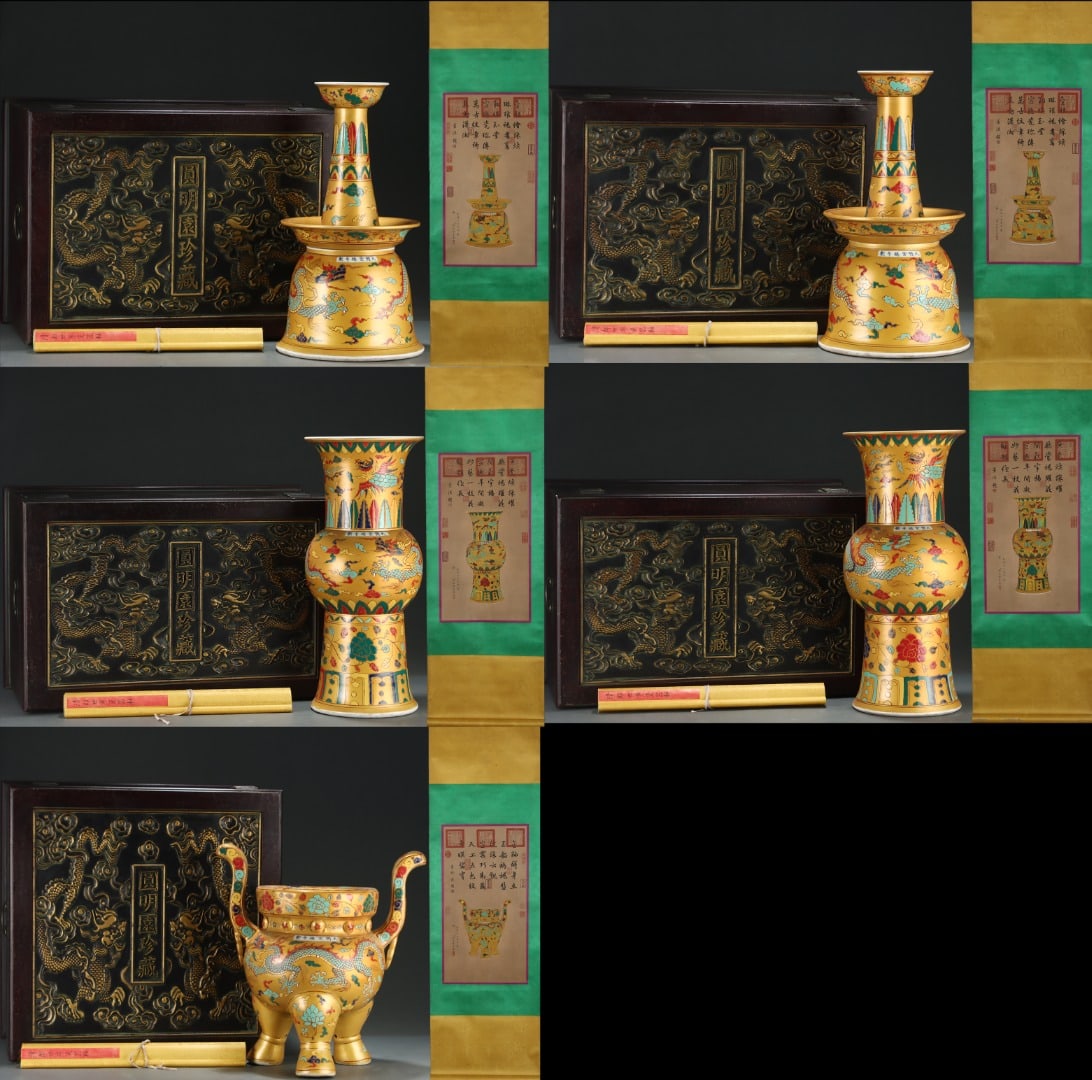 A set of five altar pieces with yellow glaze and polychrome lotus and dragon/phoenix design,: set of five porcelain altar pieces with yellow glaze and polychrome lotus and dragon and phoenix design, made during the Xuande period of the Ming dynasty, from a collection. The painting on silk is a