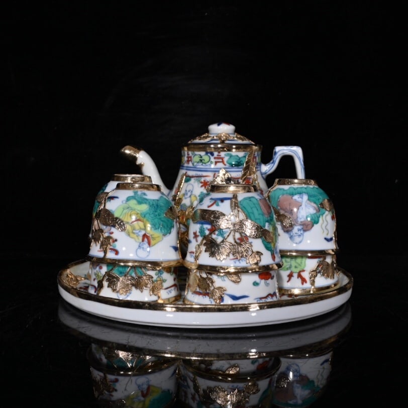 The Chenghua period of the Ming Dynasty: Doucai Eighteen Arhats Copper-Wrapped Tea Set (1 of 9)