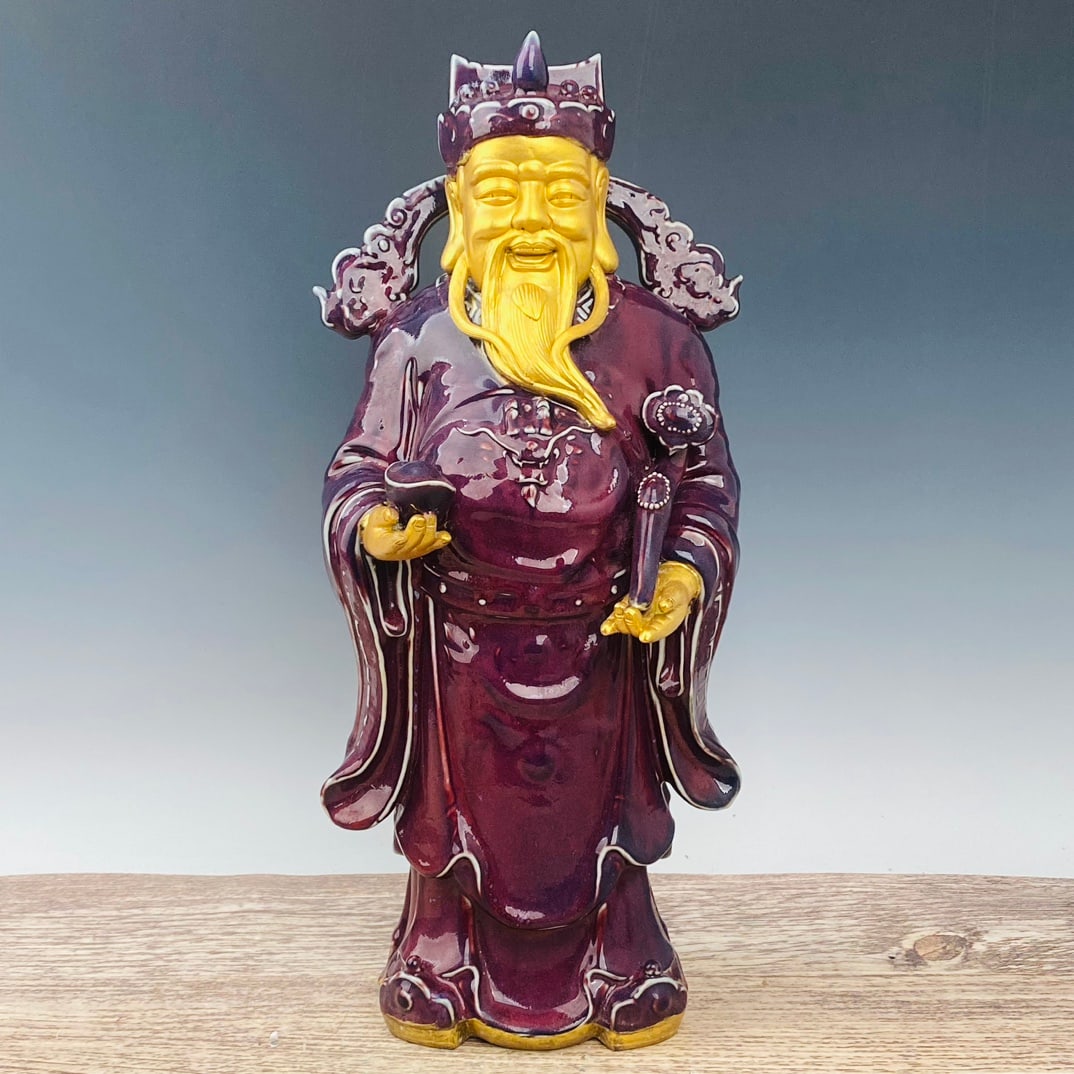 Jun porcelain rose purple gilded God of Wealth: A Jun porcelain rose-purple gilt-bronze God of Wealth statue, 55 cm high and 24 cm in diameter. Provenance:Private collection, Quincy, Massachusetts. Our dedicated team expertly handles both domestic