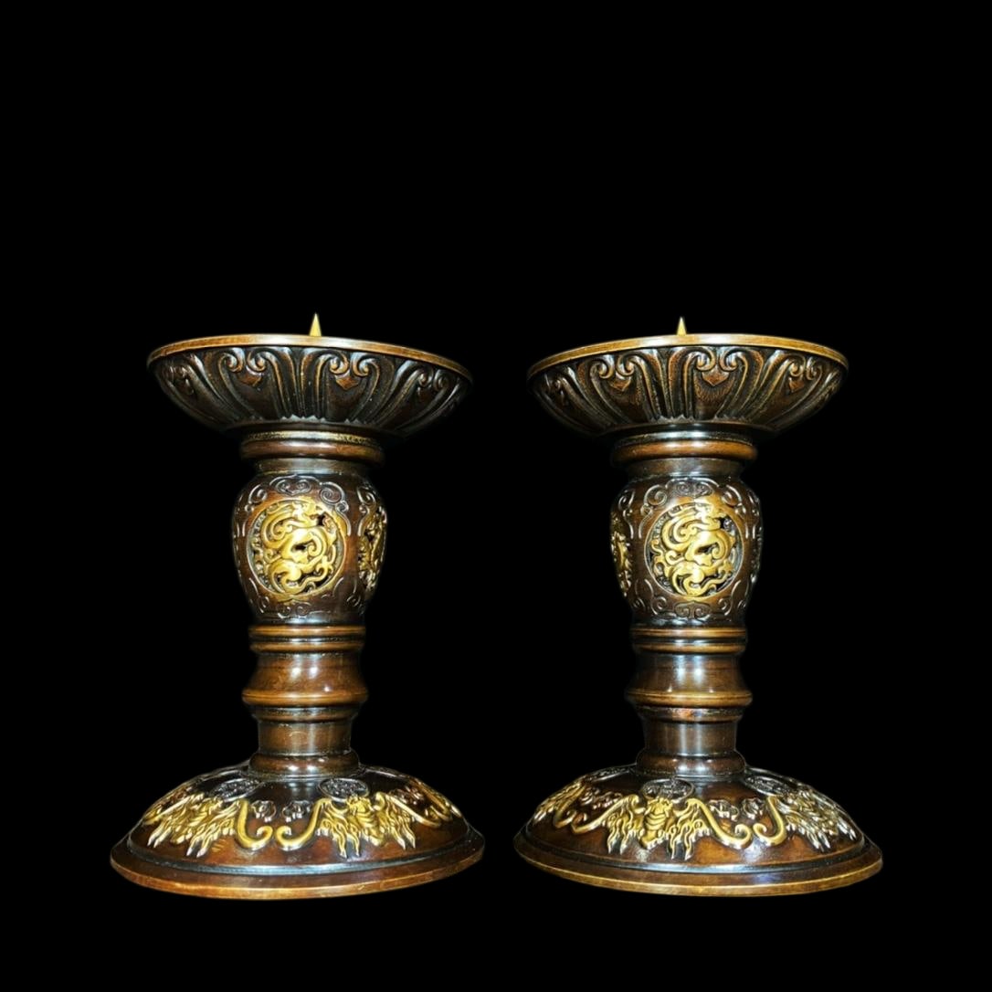 Pure copper gilt relief openwork four mythical beasts candlestick: A pair of pure copper gilt relief openwork candlesticks featuring the Four Divine Beasts and the Five Blessings for Wealth and Prosperity. Individual dimensions: 16 cm high, 10.3 cm long, and a pair w