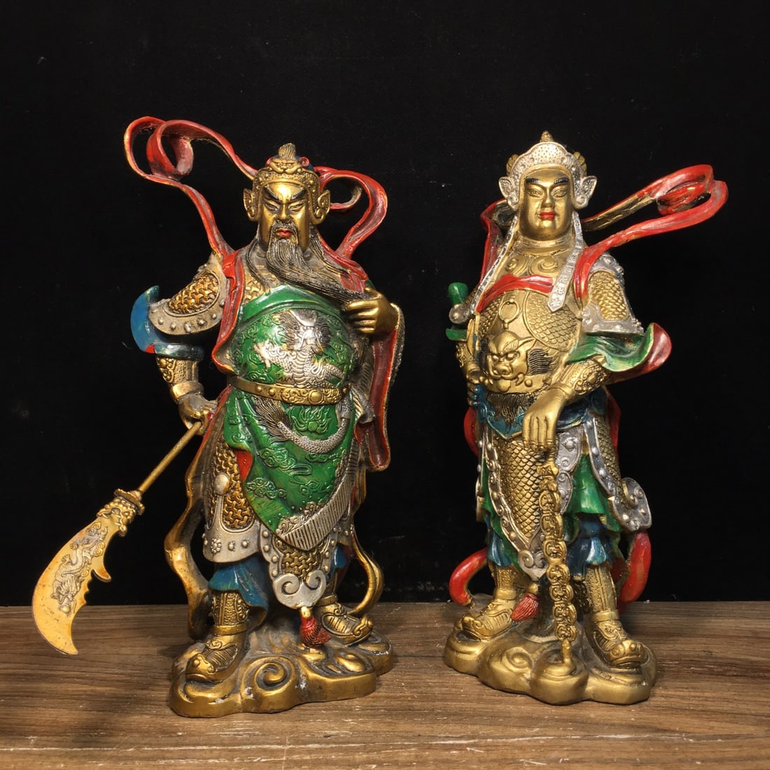 Pure copper painted Guan Gong and Weituo statue ornament (1 of 9)