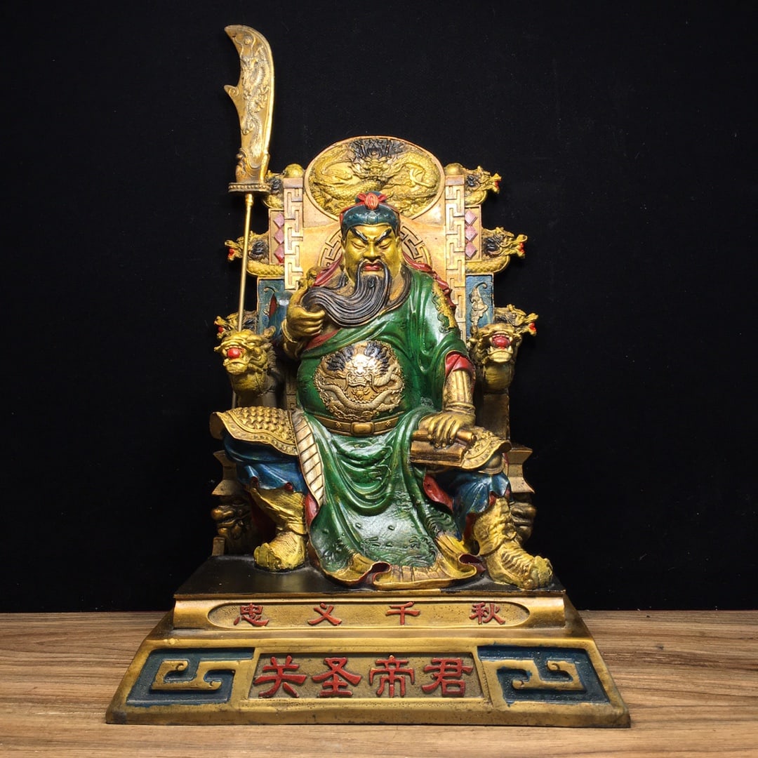 Pure copper painted statue of Guan Yu, the Loyal and Righteous Emperor, a Buddhist statue and: pure copper, painted statue of Guan Yu, the Loyal and Righteous Emperor, for worship, measuring 22.5 cm in length, 18.5 cm in width, and 29.5 cm in height, weighing 4545 grams. Provenance:Private coll