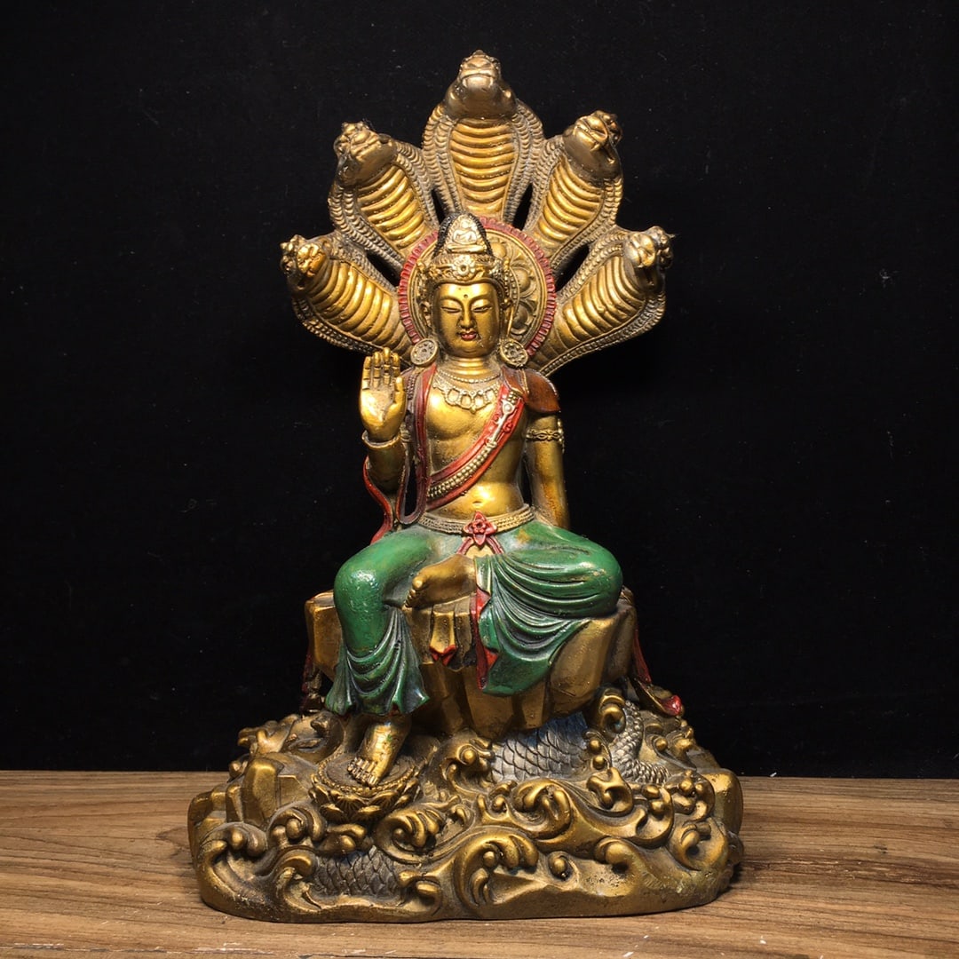 Pure copper painted dragon tree Guanyin: A pure copper, painted dragon tree Guanyin statue, measuring 18.5 cm in length, 13 cm in width, 28.5 cm in height, and weighing 2760 grams. Provenance:Private collection, Vancouver, Canada. Our dedica