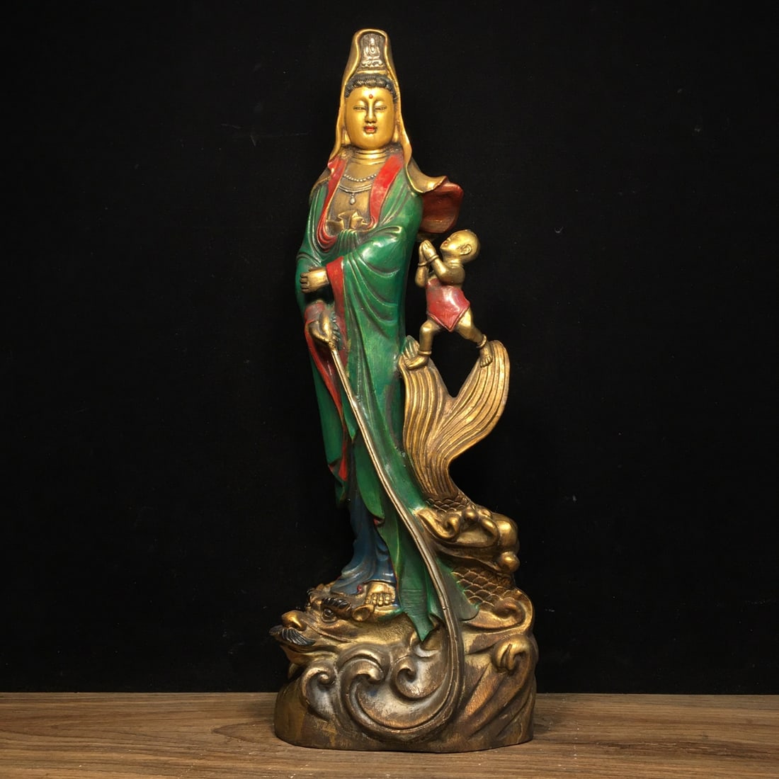 Pure copper painted dragon fish and Guanyin statue (1 of 9)