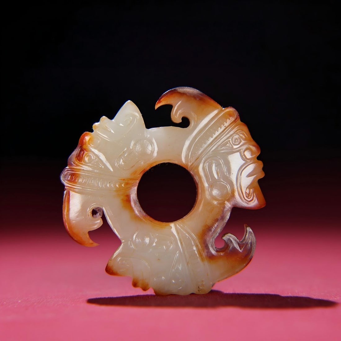 Exquisite antique, Hetian jade, unearthed, fully inlaid with divine head ornaments.: Exquisite piece from a private collection. A Hetian jade piece, unearthed and fully patinated, featuring a divine head and a jade disc with a thick, deep patina. The craftsmanship is superb, with shar