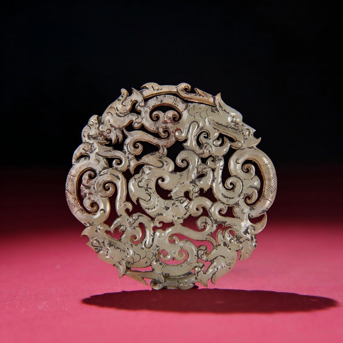 Exquisite antique, a Hetian jade pendant with full patina from an unearthed pit.: Exquisitely crafted, from a private collection, this Hetian jade pendant features a thick, deeply patinated, and richly colored patina. The craftsmanship is superb, with sharp and skillful carving. A