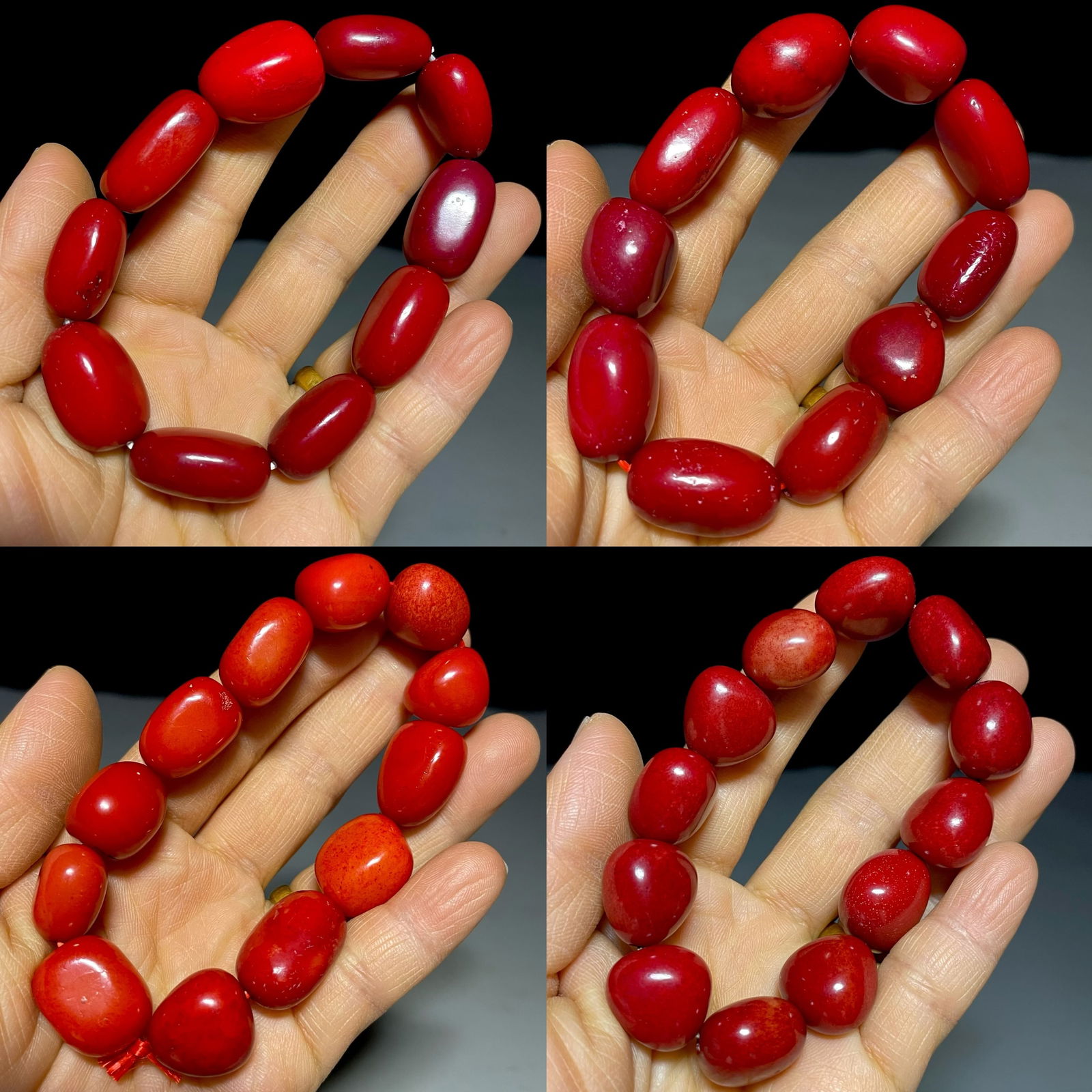 Hetian jade red jade irregular shape bracelet 4 strands: Four Hetian jade red jade irregular-shaped bracelets, 1.8x1.8cm and 2.2x1.4cm in length, total weight 275g. Provenance:Private collection, Quincy, Massachusetts. Our dedicated team expertly handles