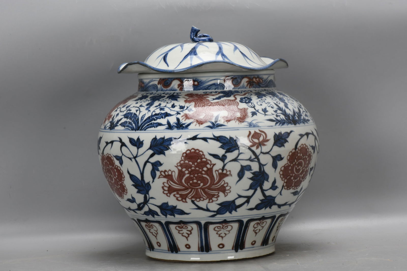 Yuan Dynasty, Blue and White Underglaze Red Lotus and Qilin Pattern Covered Jar (1 of 8)