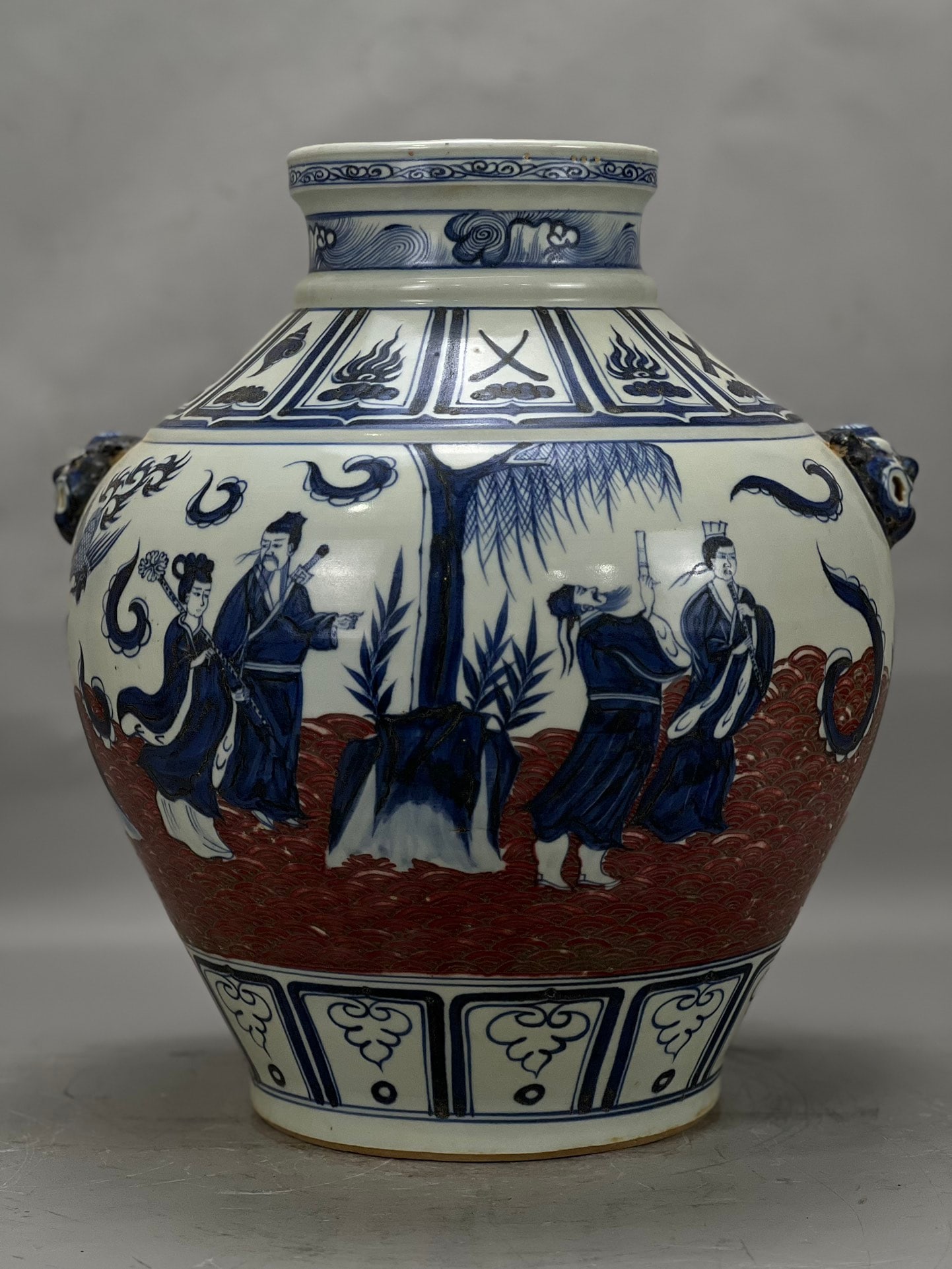 A Yuan Dynasty blue and white underglaze red jar with eight treasures, eight immortals, figures, and (1 of 8)