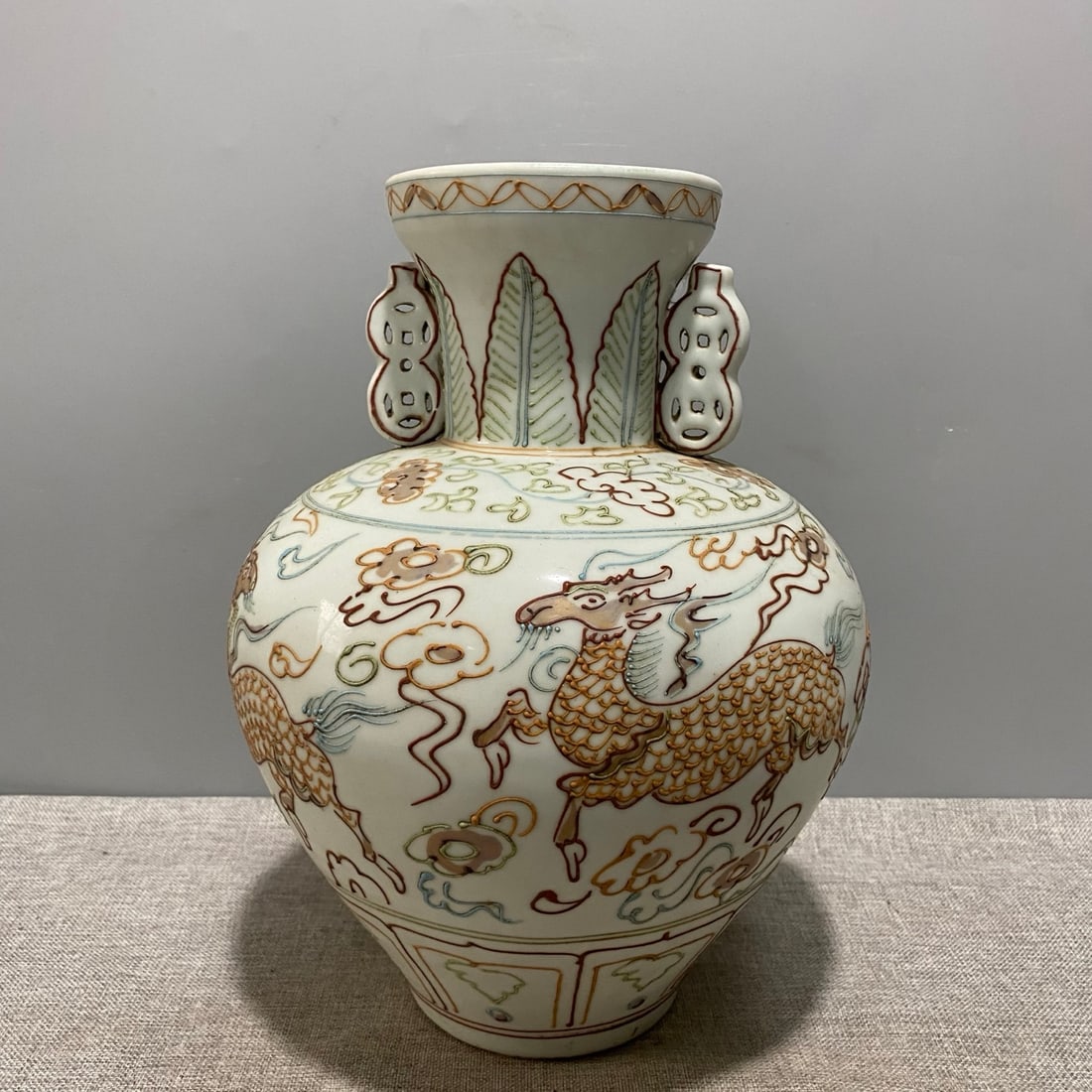 Yuan Dynasty Powdered Qilin Pattern Double-Eared Bottle (1 of 8)