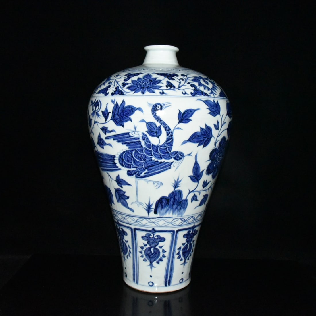 Yuan Dynasty Blue and White Porcelain Plum Vase with Peacock Design: A Yuan Dynasty blue and white porcelain plum vase with peacock design, 44.3 x 26 cm Provenance:Private collection, Cliffside Park, New Jersey. Our dedicated team expertly handles both domestic and glo