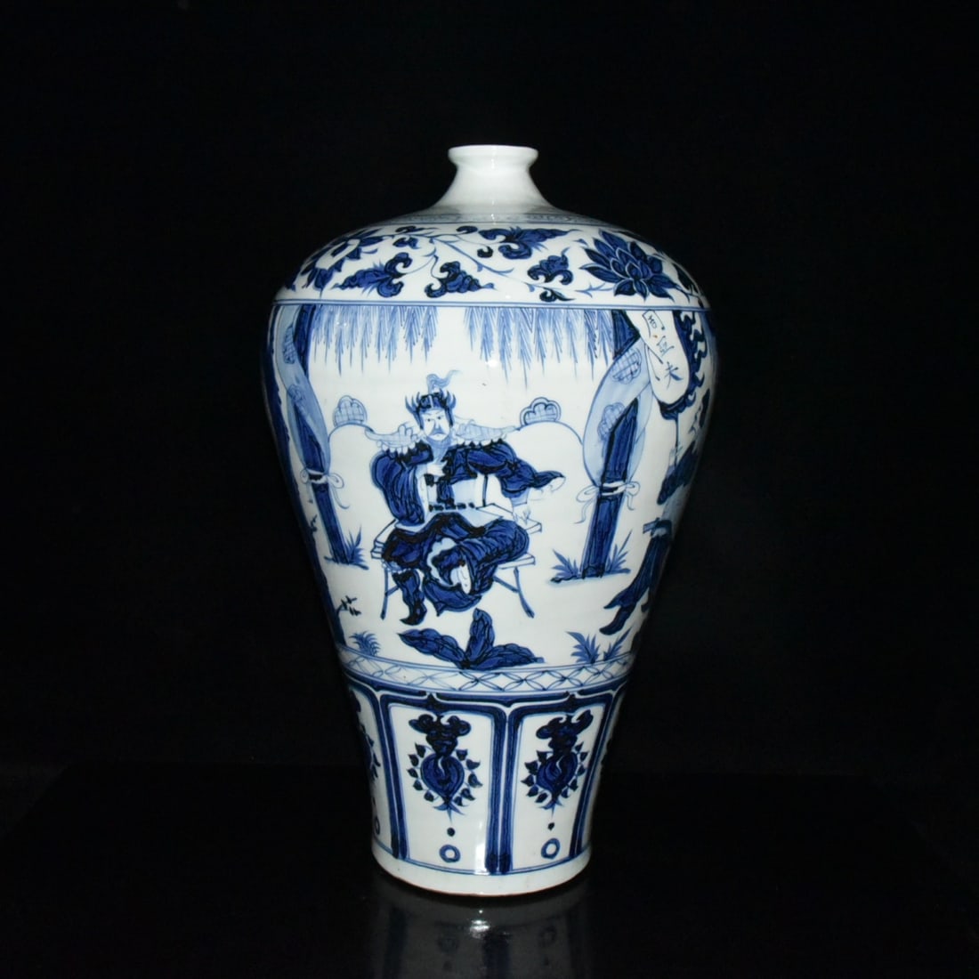 Yuan Dynasty Blue and White Porcelain Plum Vase with Zhou Yafu Figure Story: Yuan Dynasty blue and white porcelain plum vase depicting Zhou Yafu, 43 x 26 cm Provenance:Private collection, Cliffside Park, New Jersey. Our dedicated team expertly handles both domestic and global