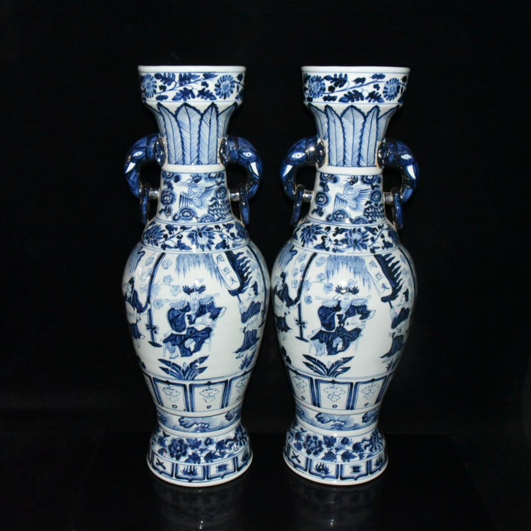 A pair of Yuan Dynasty blue and white porcelain vases with elephant-ear handles depicting Zhou Yafu: A pair of Yuan Dynasty blue and white porcelain vases with elephant-ear handles depicting Zhou Yafu, 61.5??22cm Provenance:Private collection, Cliffside Park, New Jersey. Our dedicated team expertly h