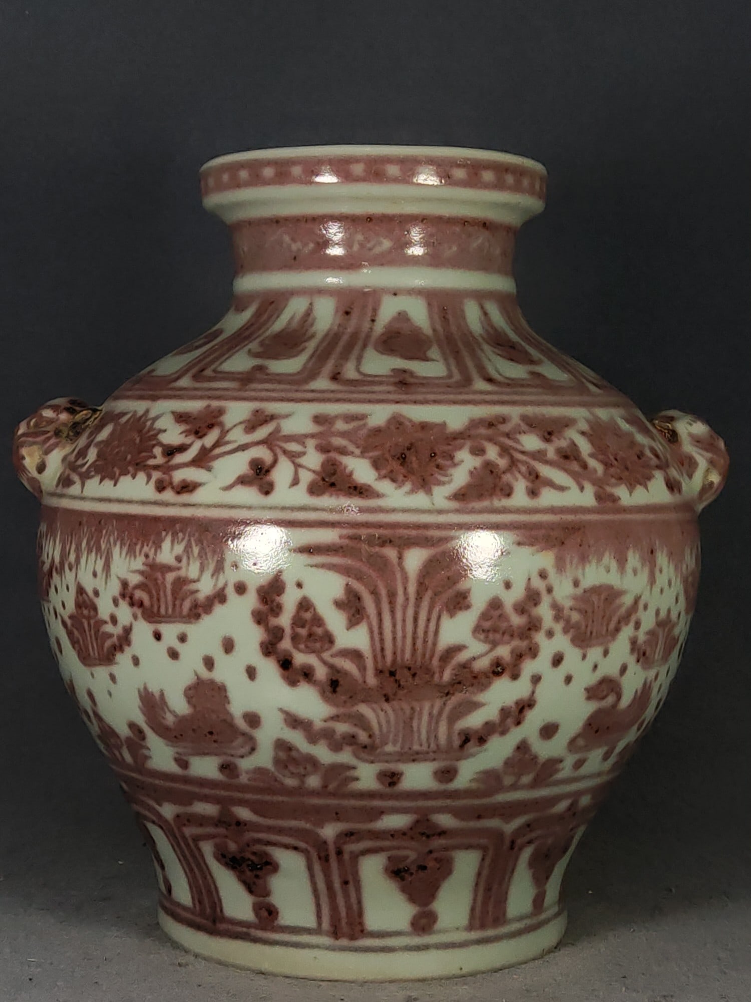 Yuan Dynasty Underglaze Red Mandarin Duck Pattern Tiger Head Jar (1 of 7)