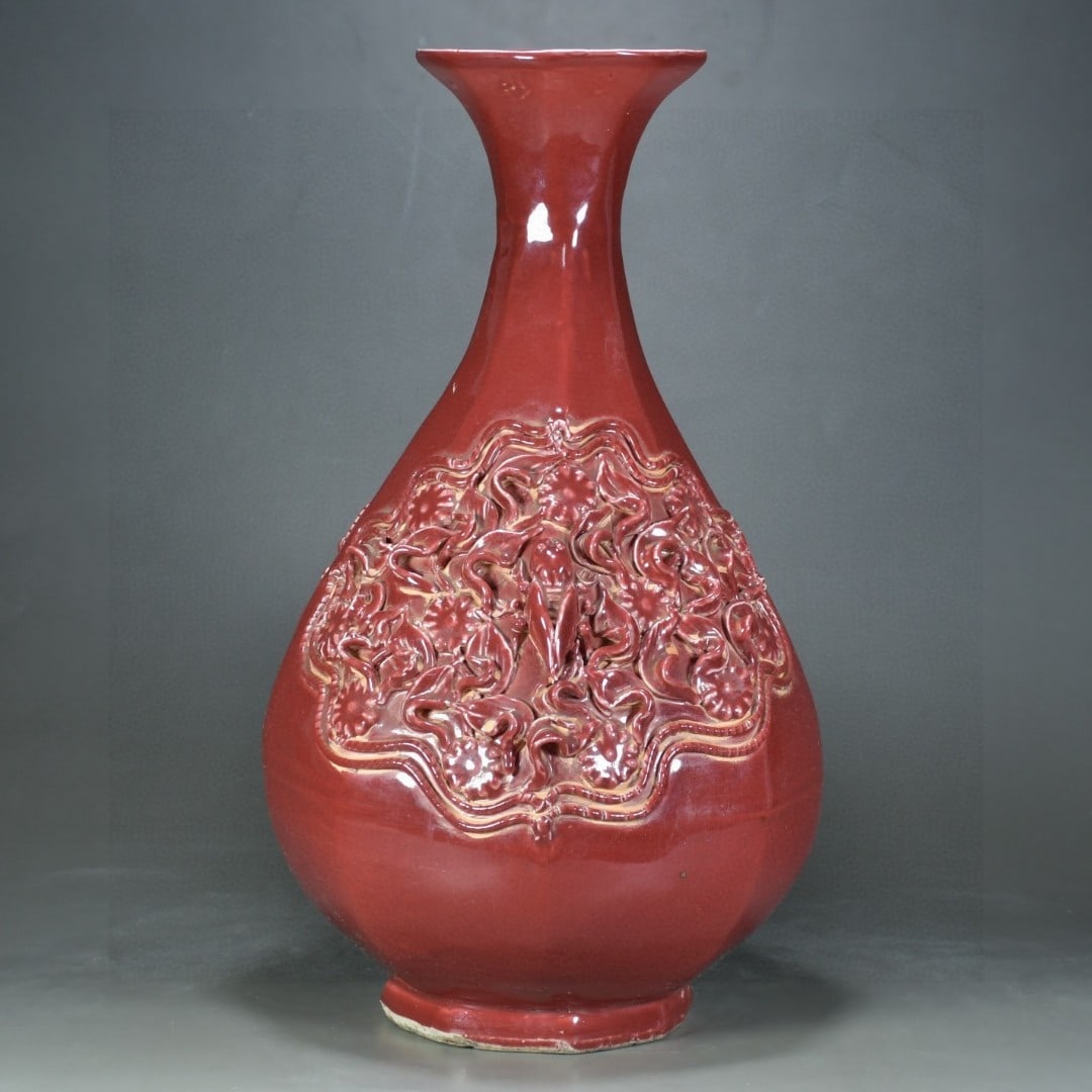 Yuan Dynasty Jihong Glazed Hand-Sculpted Flower and Cicada Pattern Octagonal Yuhuchun Vase (1 of 9)