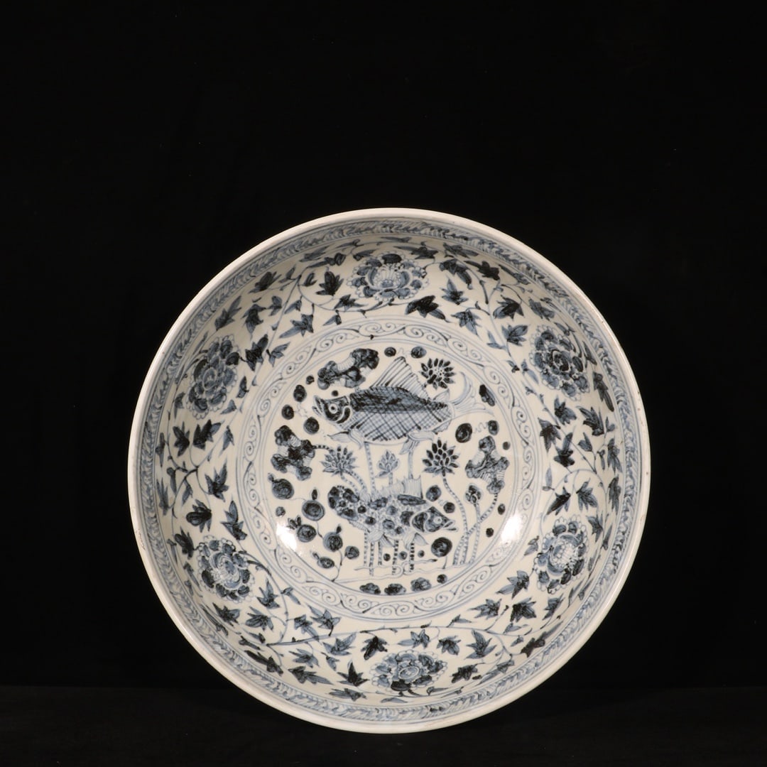 Yuan Dynasty Blue and White Porcelain Bowl with Peony and Fish Design (1 of 9)