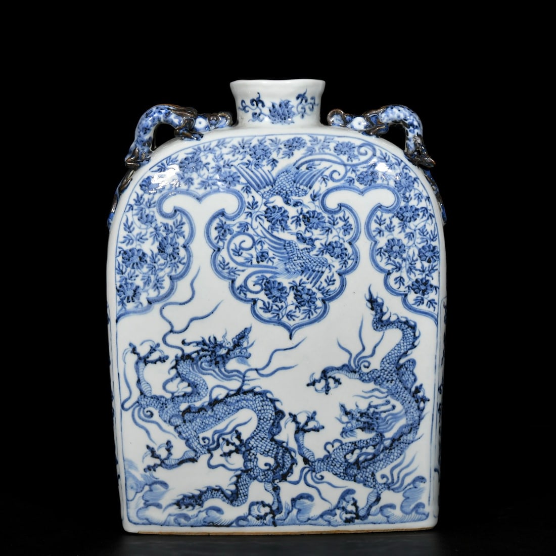 Yuan blue and white porcelain flat bottle with dragon design and four handles (1 of 9)