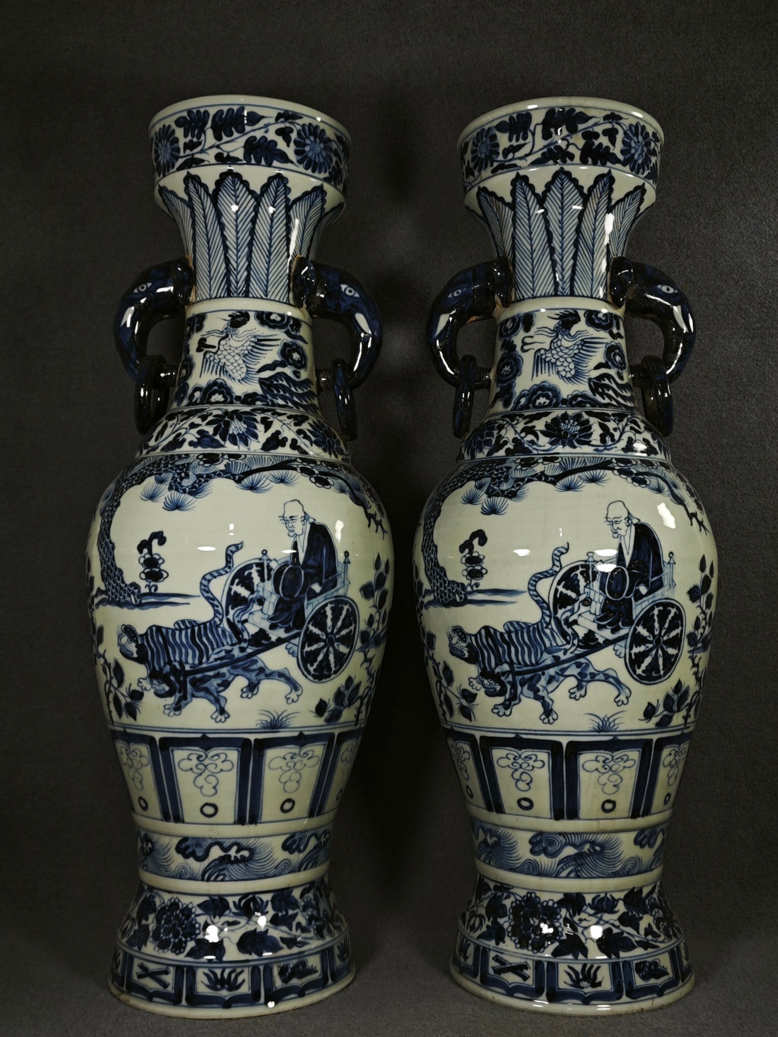 A pair of large Yuan Dynasty blue and white porcelain vases with double handles depicting the story (1 of 7)