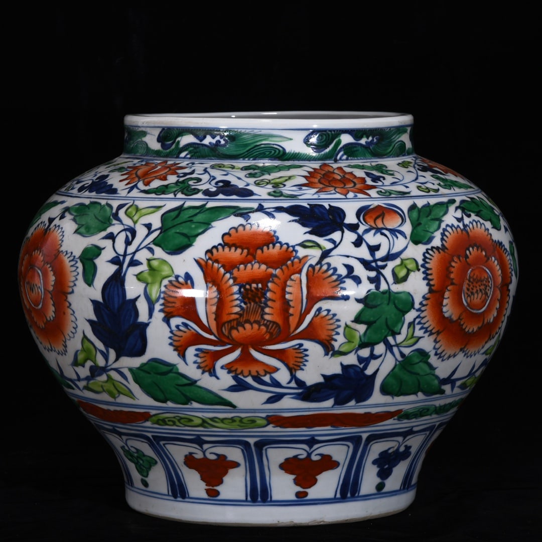 Yuan blue and white porcelain jar with polychrome floral design (1 of 9)