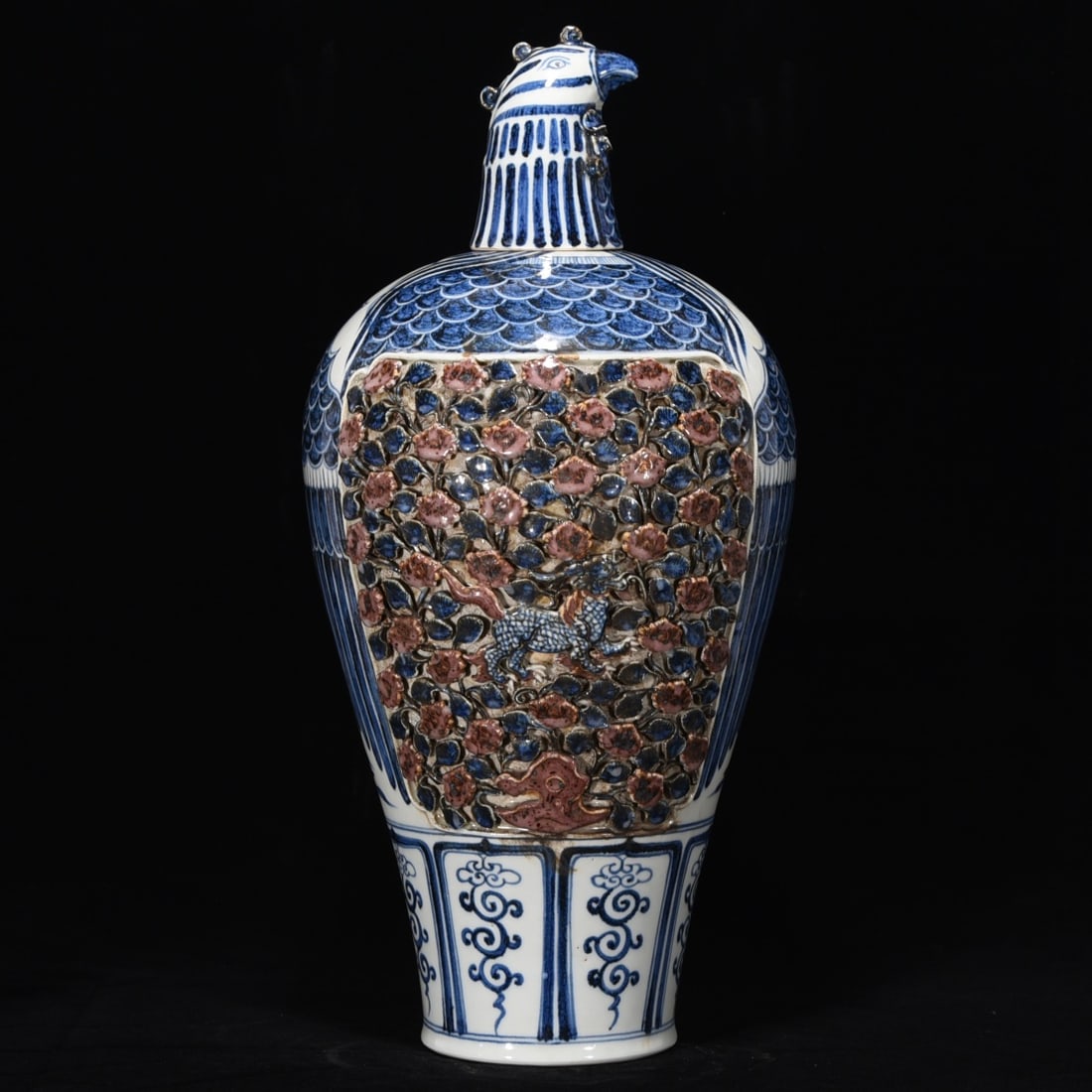 Yuan Dynasty Blue and White Underglaze Red Owl Plum Vase: Yuan Dynasty blue and white underglaze red owl-shaped plum vase, 52 cm high, 26 cm in diameter Provenance:Private collection, Vancouver, Canada. Our dedicated team expertly handles both domestic and g