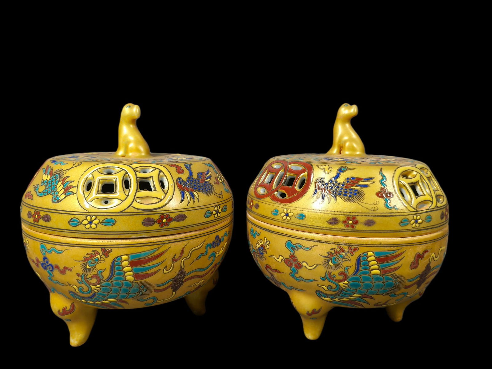 pair of plain tricolor gold-ground phoenix-patterned incense burners (1 of 8)