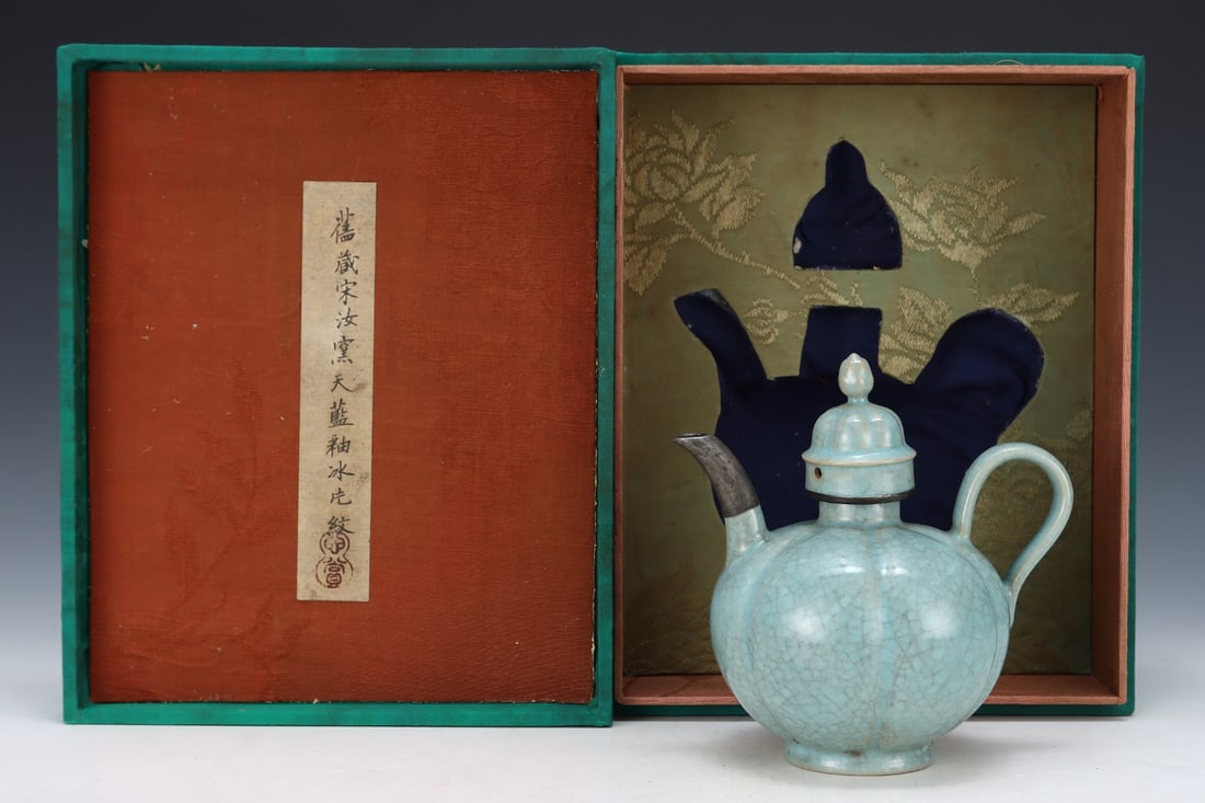 Formerly in the collection of a Song Dynasty Ru ware sky-blue glazed melon-shaped ewer (1 of 9)