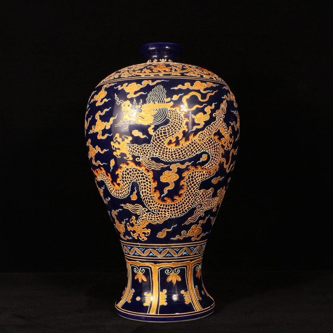 Ming Yongle period sacrificial blue glaze plum vase with gold-painted dragon design: Ming Yongle period sacrificial blue glaze plum vase with gold-painted dragon design. Dimensions: Height 43 cm, Diameter 23 cm. Provenance:Private collection , Boston, Massachusetts. Our dedicated team