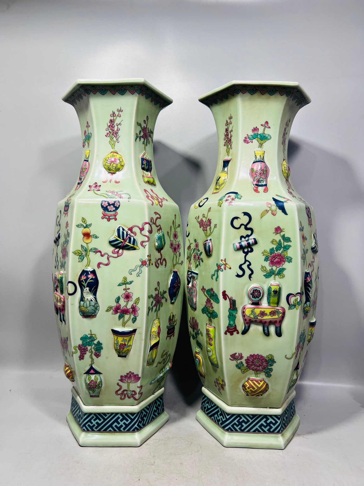 pair of Qing Dynasty celadon-glazed famille rose relief antique-style hexagonal vases (1 of 7)