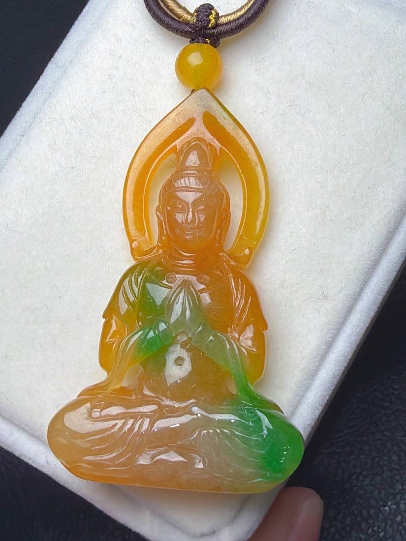 Jadeite Icy Yellow Jadeite Floating Green Guanyin (1 of 9)