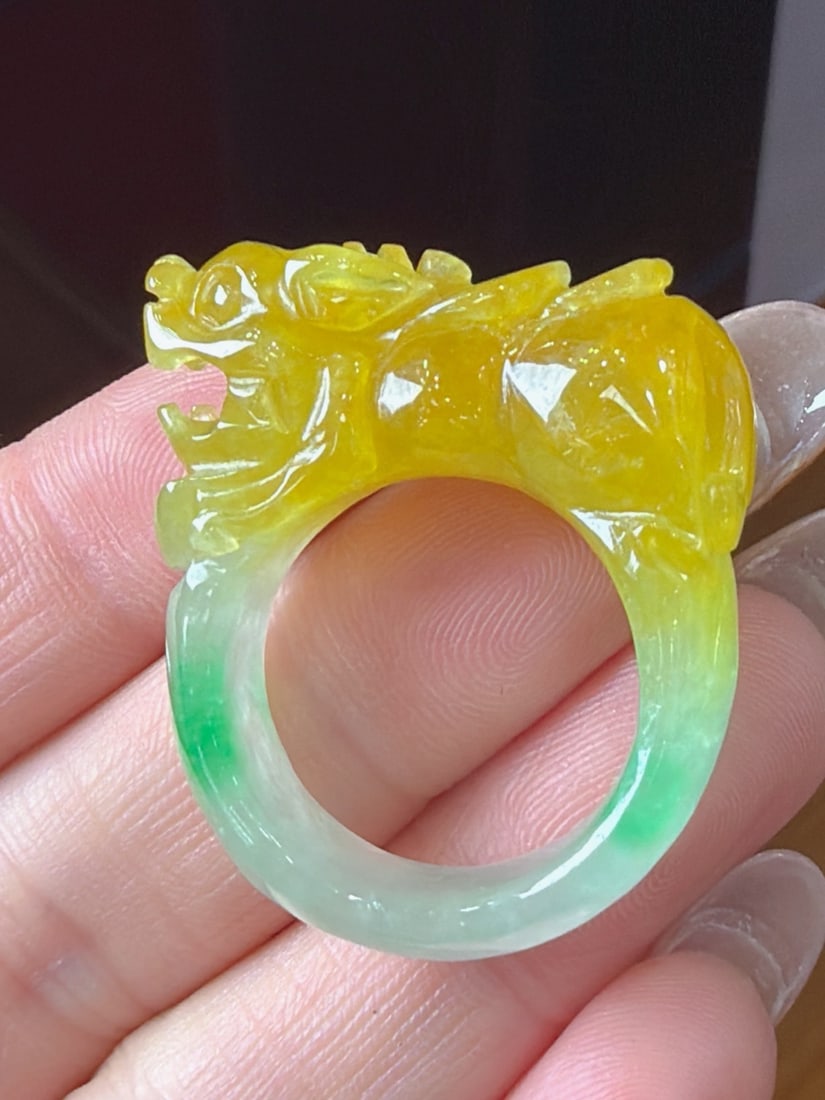 Jadeite Icy Yellow Jade Pixiu Thumb Ring (1 of 9)