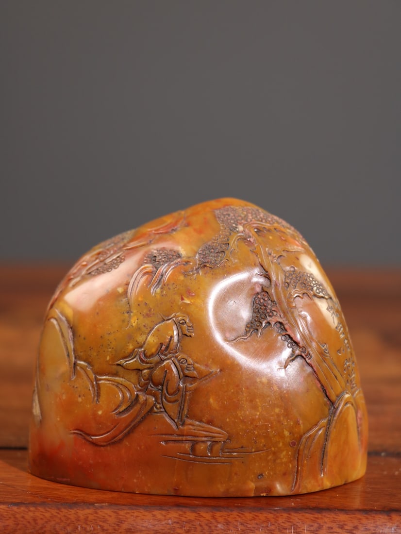 Old Collection Tianhuang Stone Carved with Shallow Relief of the Two Elders of Pine Mountain and Old (1 of 9)