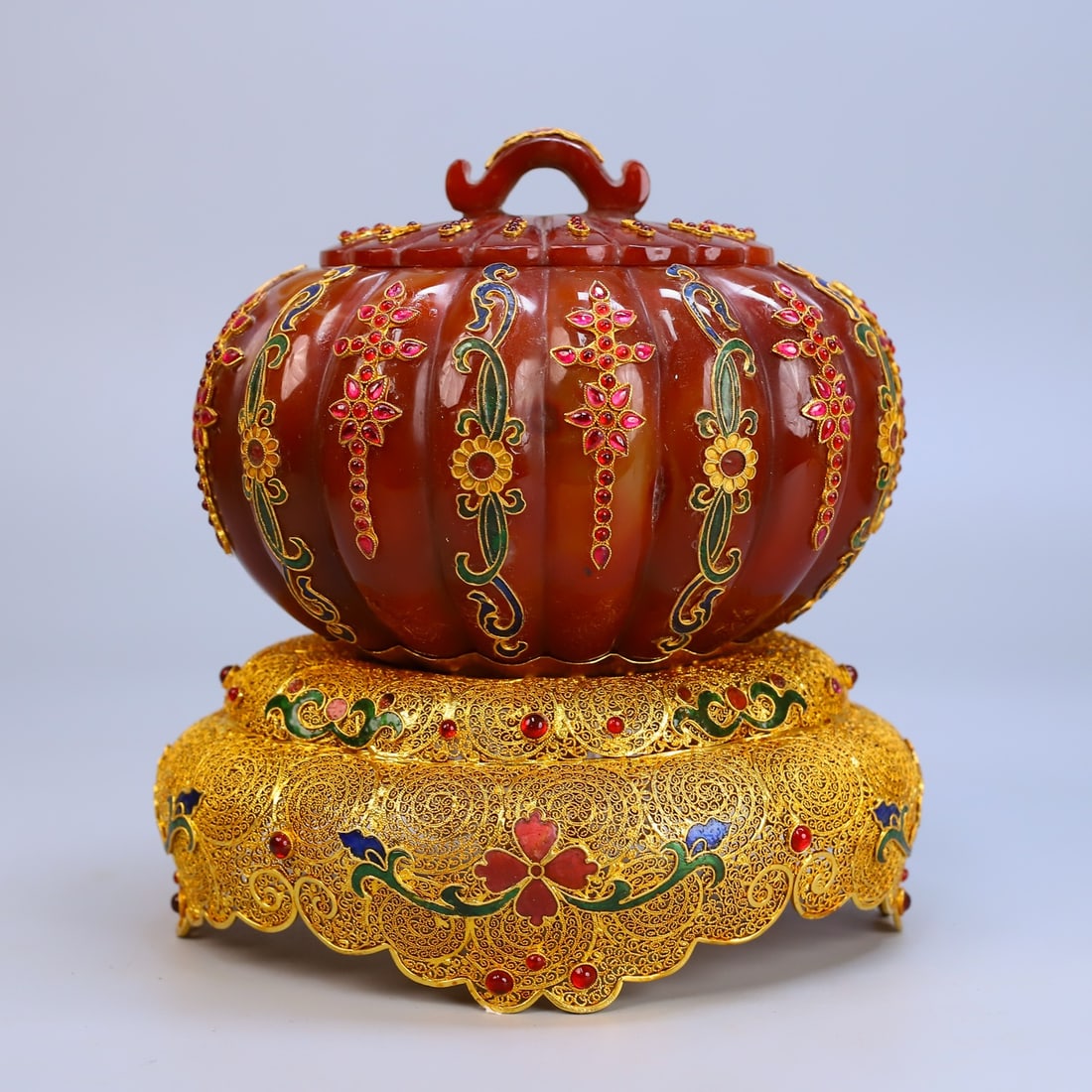 Rare antique collection, filigree inlaid with agate and gemstones, pumpkin-shaped covered box (1 of 11)