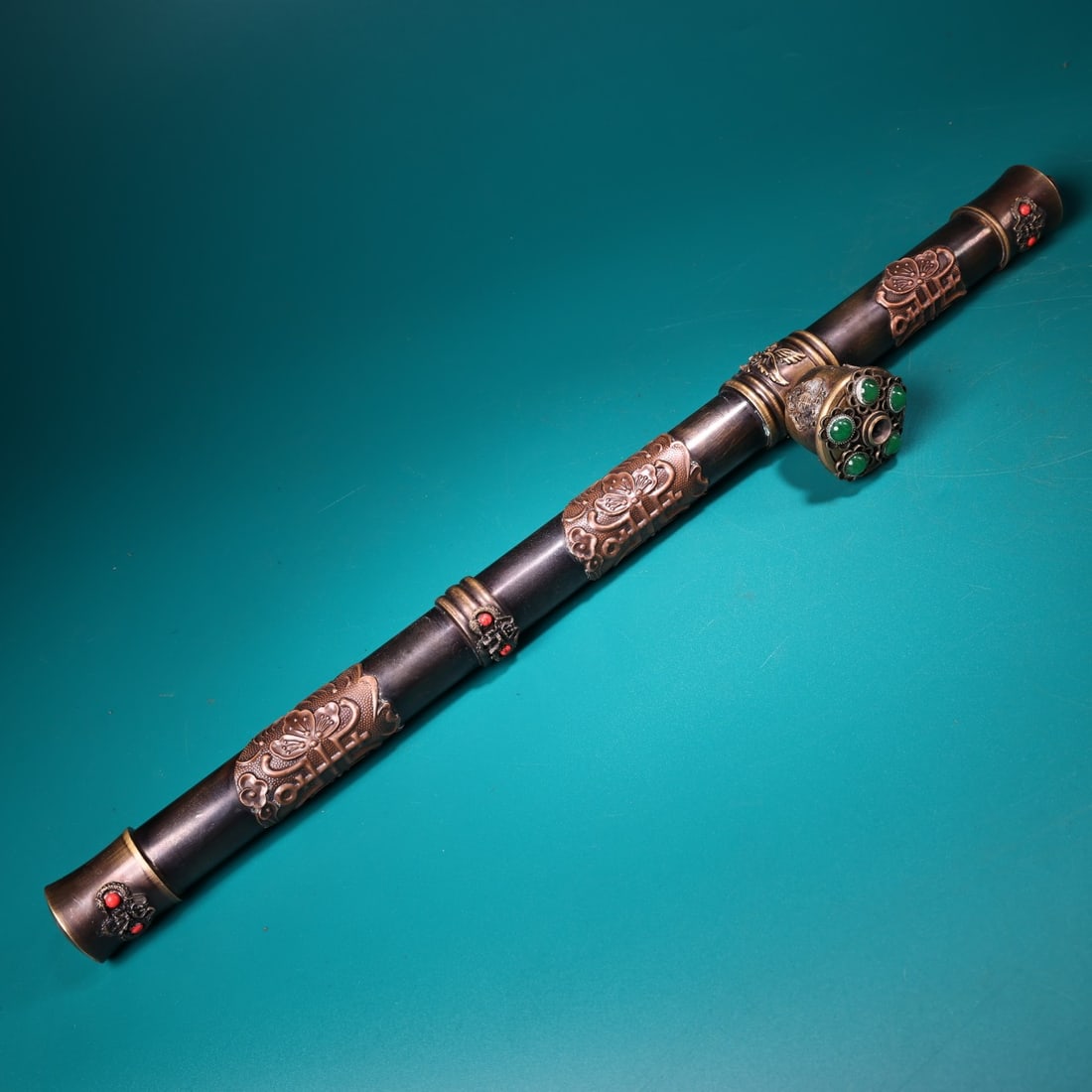 Rare antique pure copper handcrafted opium pipe inlaid with gemstones (1 of 13)