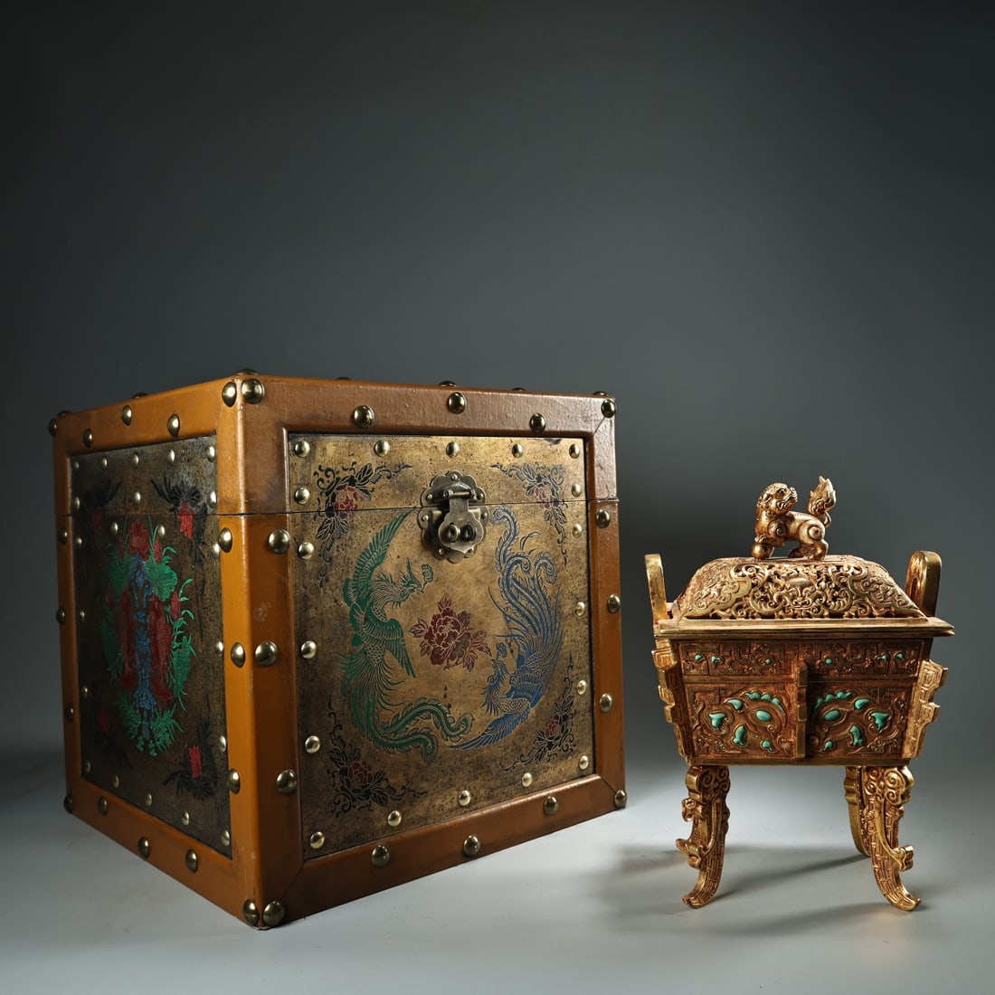 Rare Imperial Collection: Pure Bronze High-Relief Gilded Square Incense Burner Inlaid with Gemstones (1 of 9)