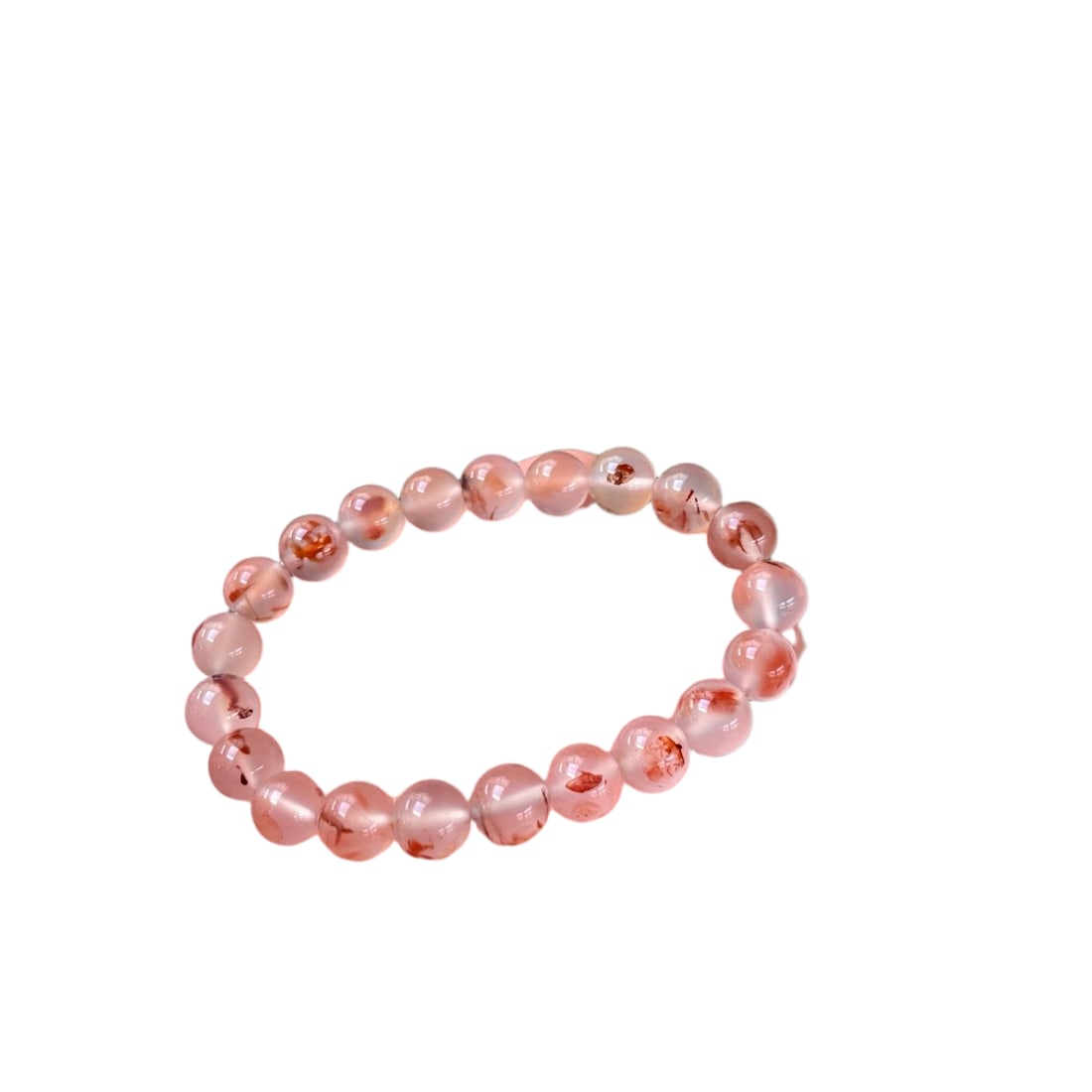 Natural Sichuan Red Agate Koi Carp Floating Flower Single-Strand Bracelet: Natural Sichuan agate koi carp and floating flower pattern single-strand bracelet with fine texture and excellent jade quality. Size: 9.5mm. Total weight: 26g. Provenance:Private collection, Connectic