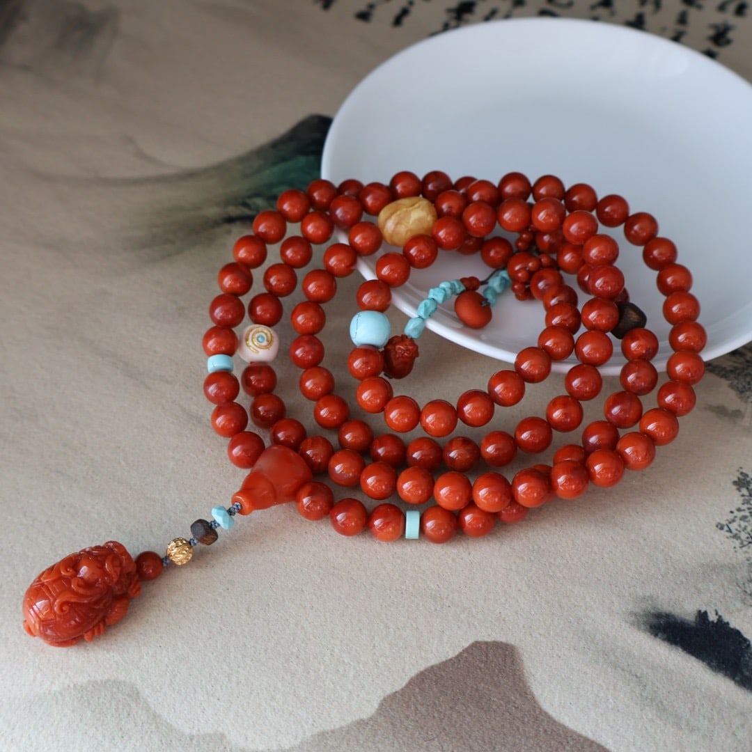 Natural Sichuan agate, persimmon red, 108-bead Buddhist prayer bead bracelet/necklace (can be used: Natural Sichuan agate, persimmon red, 108-bead Buddhist prayer bead bracelet/necklace, versatile design, paired with amber, turquoise, mammoth agarwood, fine texture, excellent jade quality. Size: 8mm