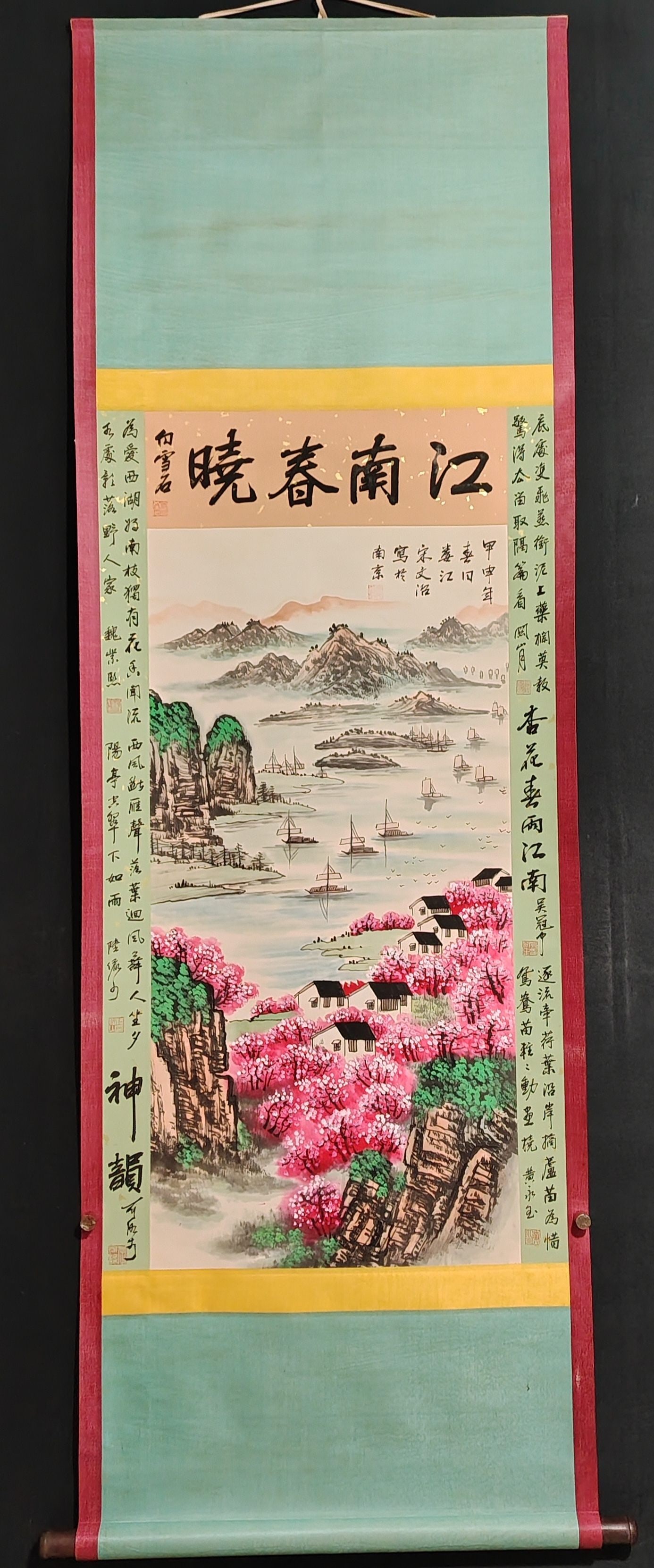 Song Dynasty Wenzhi Landscape: Handmade three-foot landscape painting of civil administration and landscape from the Song Dynasty, featuring one subject and one object. Actual product photographed. Materials: Xuan paper, 206cm x 67