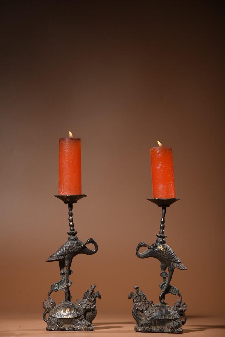 A pair of bronze rubbings of golden tortoise and crane candlesticks symbolizing longevity.: A cloisonne enamel vase with a copper body, 36cm high, approximately 20cm in diameter, with a mouth diameter of 11.5cm, and weighing 997 grams. Provenance:Private collection, Connecticut. Our dedicate