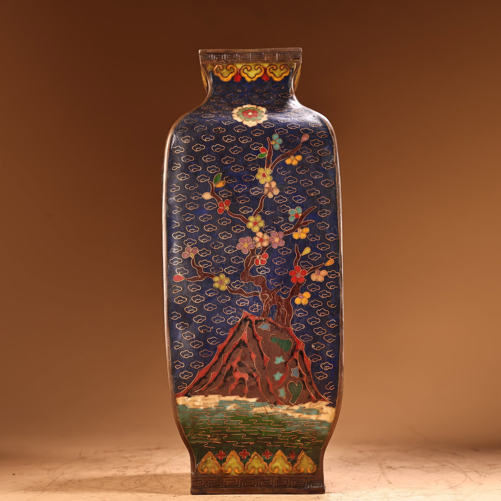 Rare antique pure copper high-relief engraved cloisonne enamel square vase with plum blossom,: This rare, antique pure copper vase features a high-relief engraving of plum blossoms, orchids, bamboo, and chrysanthemums in cloisonne enamel. The craftsmanship is exquisite, and the vase is beautifu