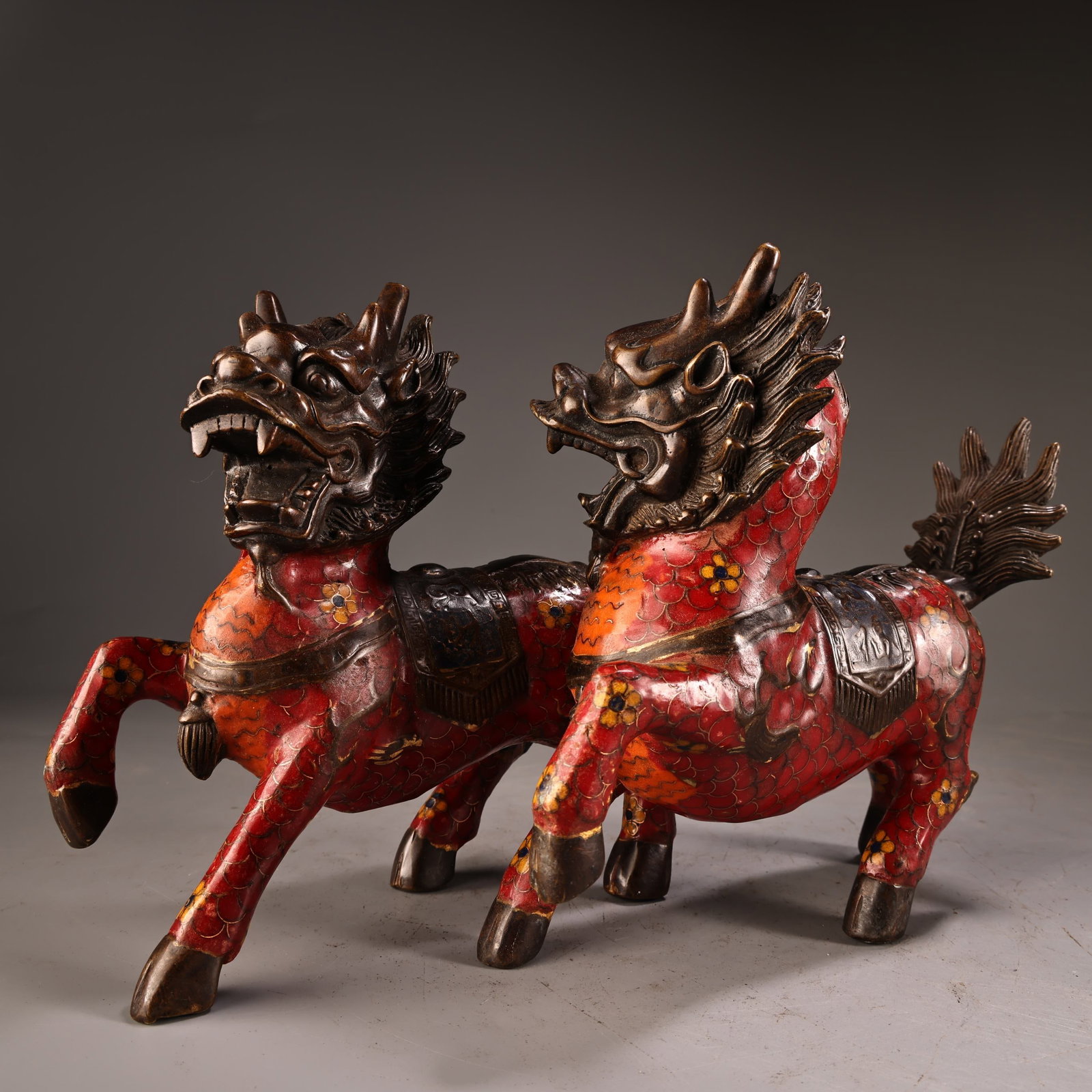 A pair of rare, antique pure copper cloisonne enamel-painted qilin (mythical creatures) in high (1 of 9)